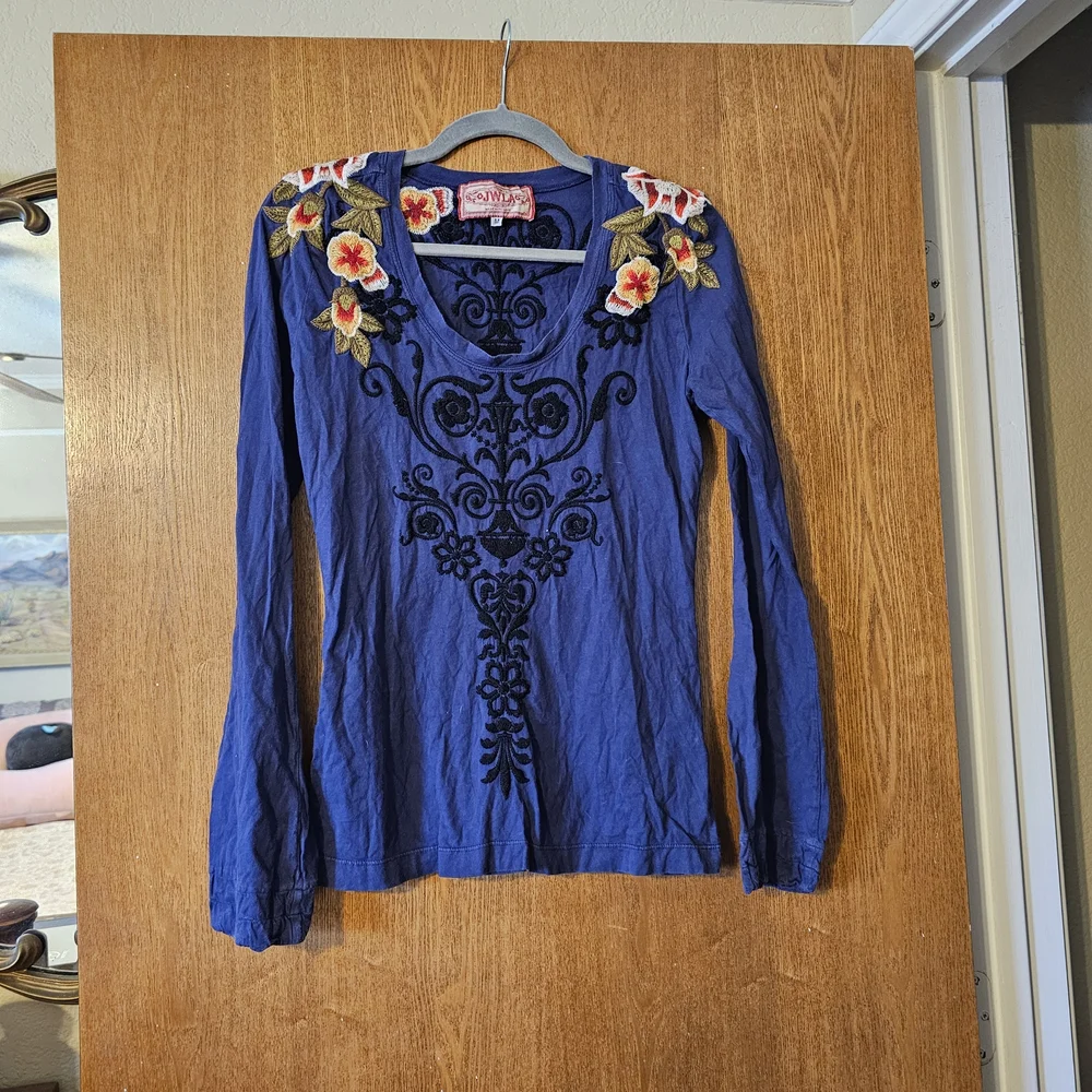 Johnny Was Blue Floral Embroidered Long Sleeve Top - Picture 2 of 6